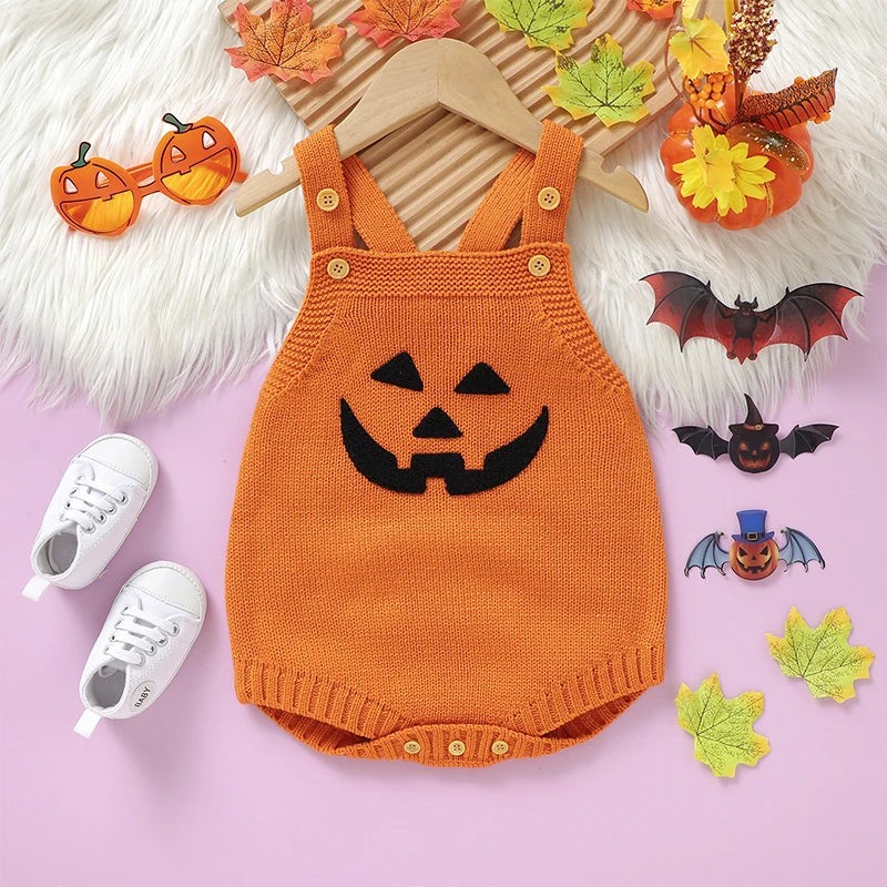 Baby Boys Girls Knit Romper Sleeveless Pumpkin Face Jack O Lantern Bodysuit Overalls Halloween