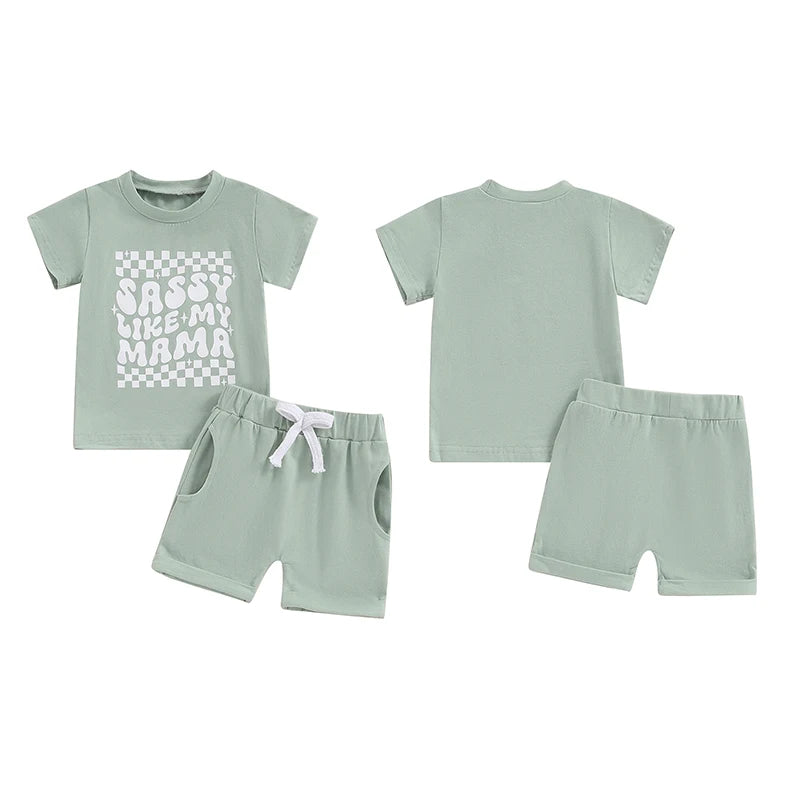 Baby Toddler Girls 2Pcs Sassy Like My Mama Clothes Set Green Short Sleeve Crewneck Letter Print Top Drawstring Shorts Set