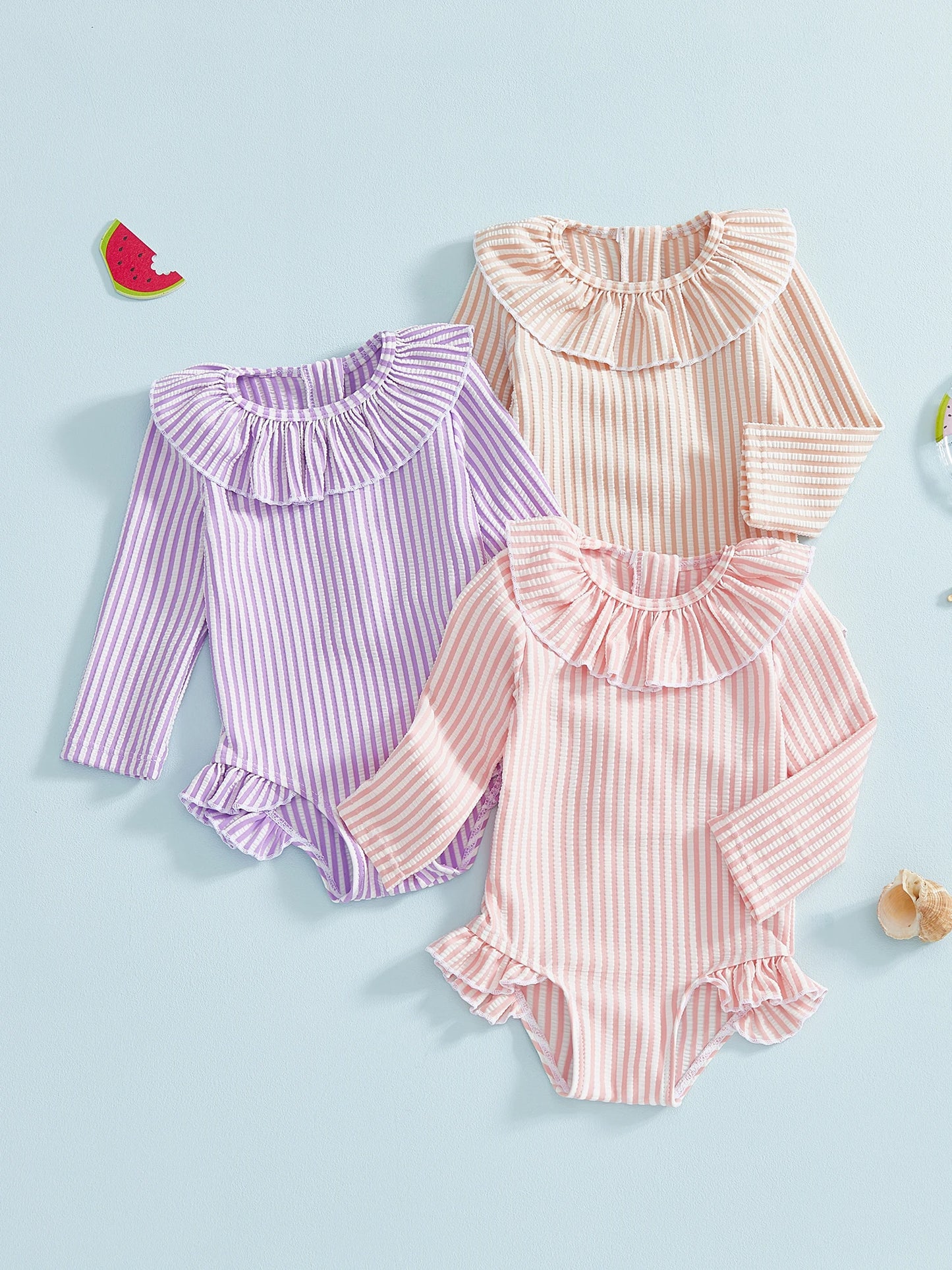 Baby Toddler Girl Rash Guard Swimsuit Long Sleeve Ruffled Collar Striped Swimwear Bathing Suit for Beach Pool