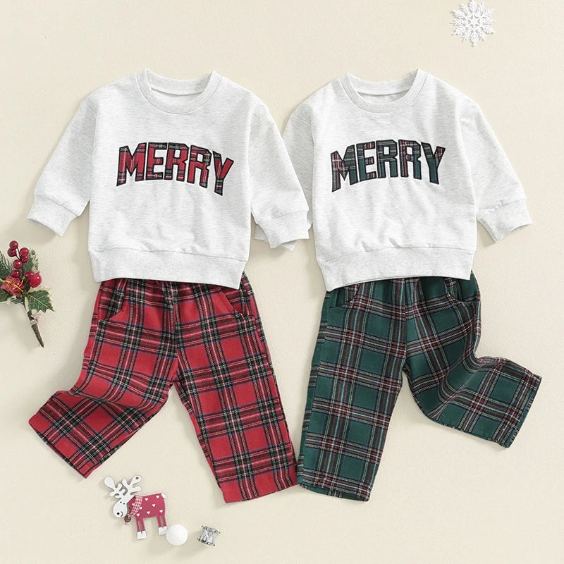 Baby Toddler Boys Girls 2Pcs Christmas Outfit Long Sleeve O Neck Letter Merry Embroidery Top Plaid Pants Set