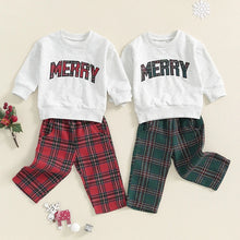 Load image into Gallery viewer, Baby Toddler Boys Girls 2Pcs Christmas Outfit Long Sleeve O Neck Letter Merry Embroidery Top Plaid Pants Set
