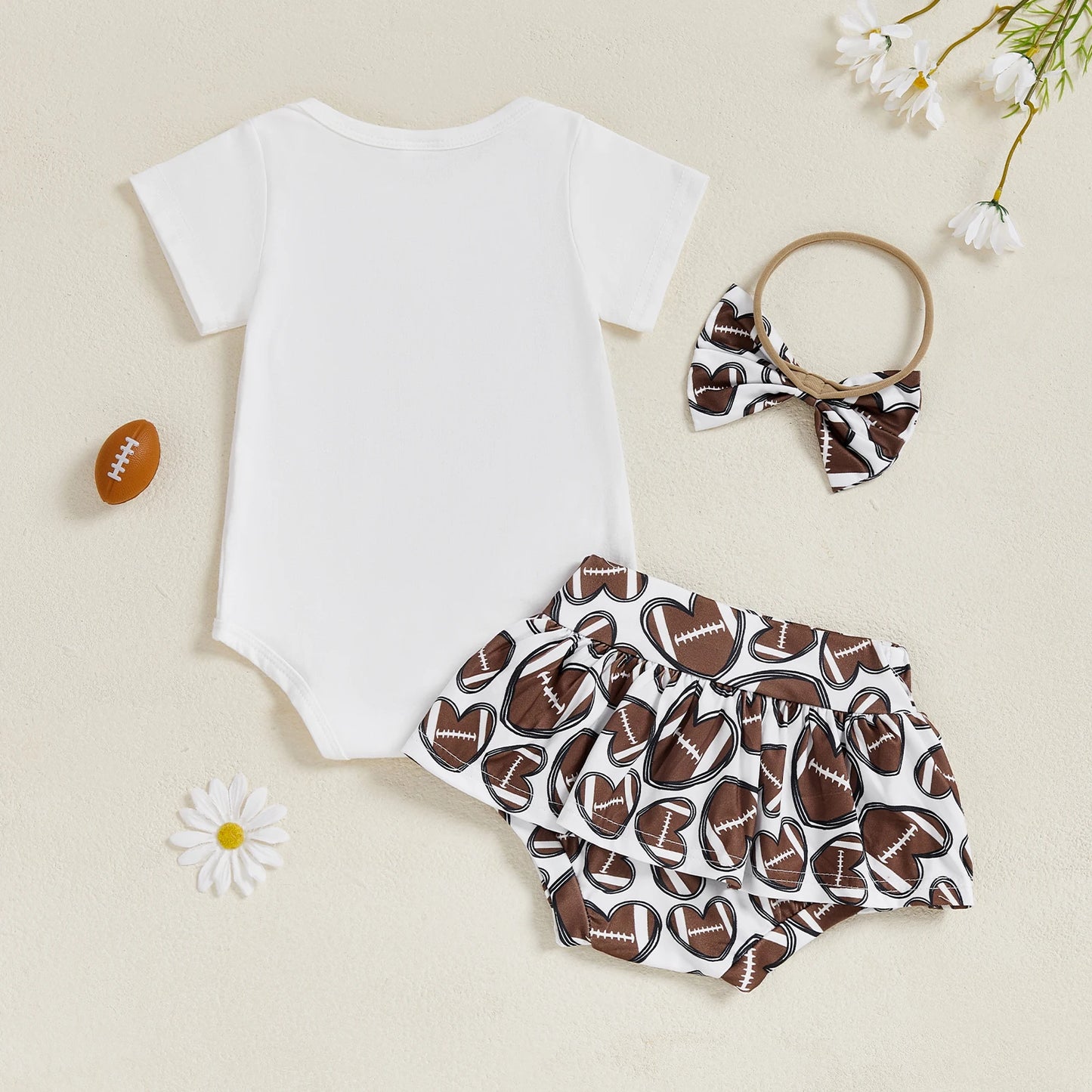 Baby Girls 3Pcs Touch Down Outfit Football Letter Print Romper Skirted Shorts Skort and Headband Bow Set