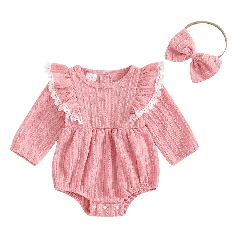 Baby Girls 2Pcs Set Lace Ruffled Trim Ribbed Long Sleeve Round Neck Romper Bow Headband Outfit