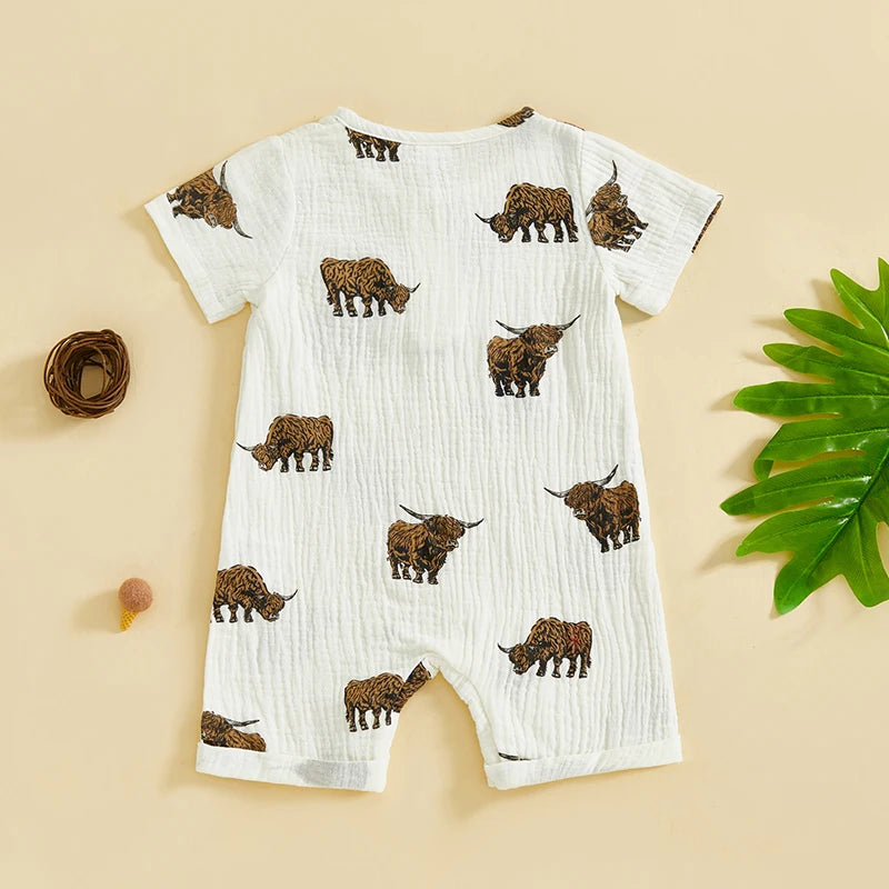 Baby Boys Girls Summer Cattle Cow Print Jumpsuit Short Sleeve Round Neck Button Up Casual Romper