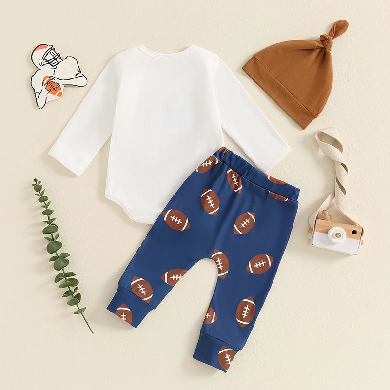 Baby Boy 3Pcs My First Game Day Fall Outfit Letter Print Long Sleeve Romper with Football Pattern Pants and Hat Set