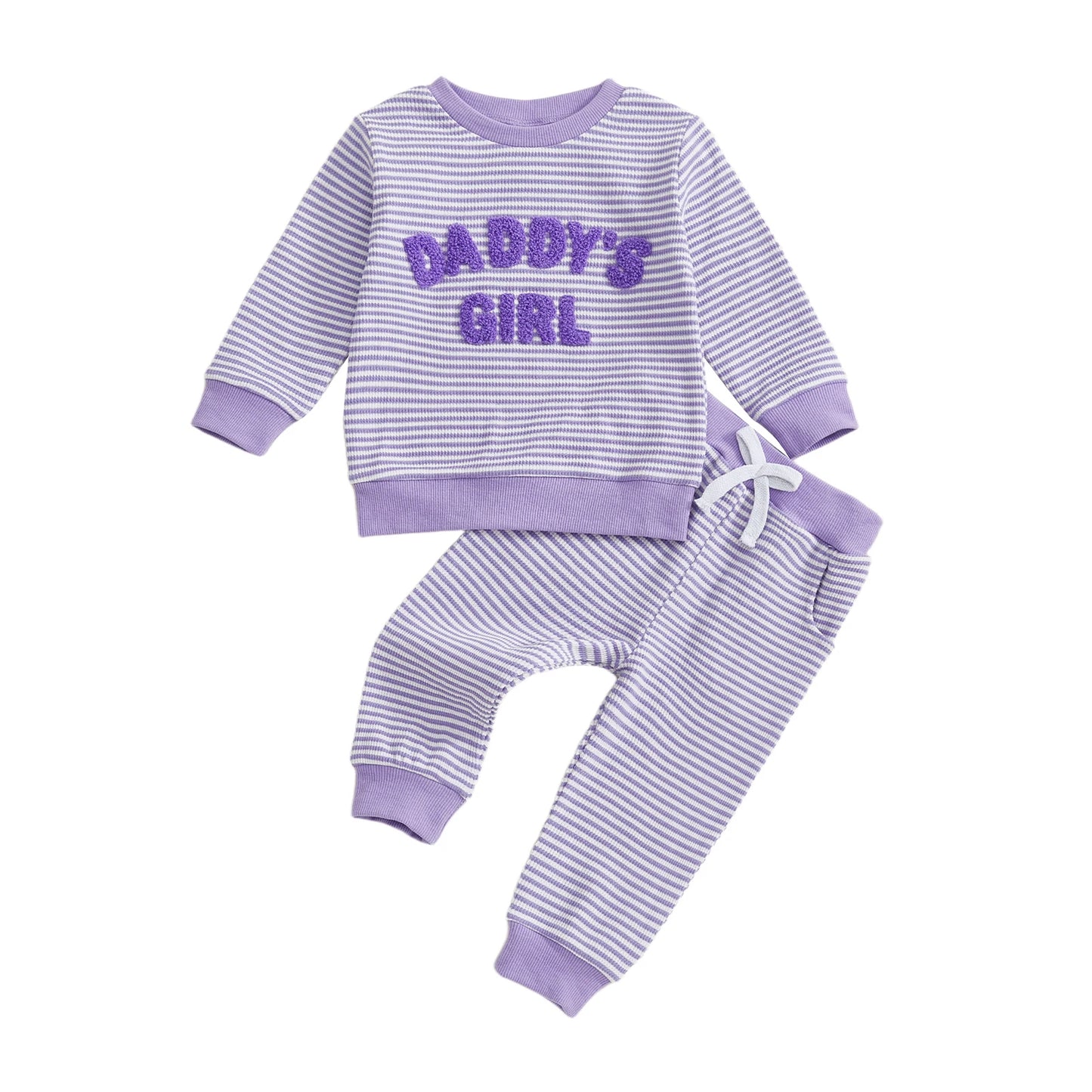 Baby Toddler Girl 2Pcs Daddy's Girl Fall Stripe Outfits Letter Embroidery Long Sleeve Round Neck Pullover Elastic Waist Pants 2Pcs Set