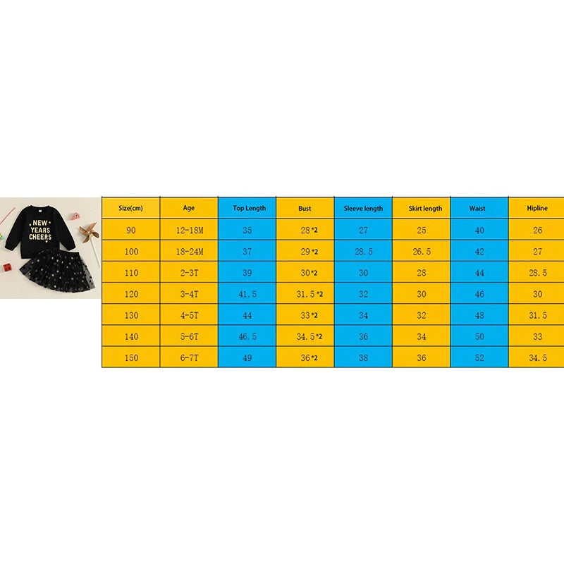 Toddler Kids Girl 2Pcs New Years Cheers Skirt Outfit Letter Embroidery Long Sleeve Top Glitter Star Print Tulle Skirt Clothing Set