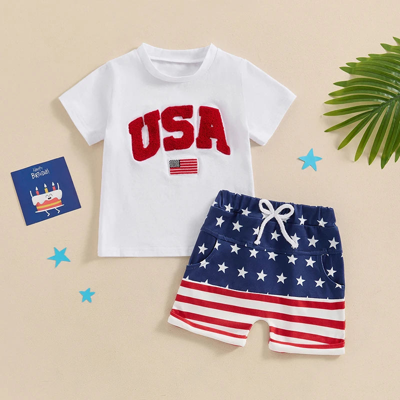 Toddler Baby Boy 2Pcs 4th of July Outfit USA Letter Print O-Neck Short Sleeve TopsElastic Waist Stars and Stripes Flag Shorts Summer Outfit Set