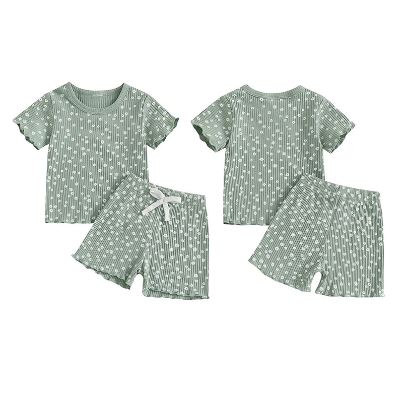 Baby Toddler Girls 2Pcs Flower Set Short Sleeve T-shirt Top With Shorts Floral Outfit