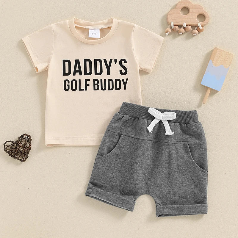 Baby Toddler Boys 2Pcs Daddy's Golf Buddy / Little Dude Short Sleeve Letter Print Top and Drawstring Shorts Set