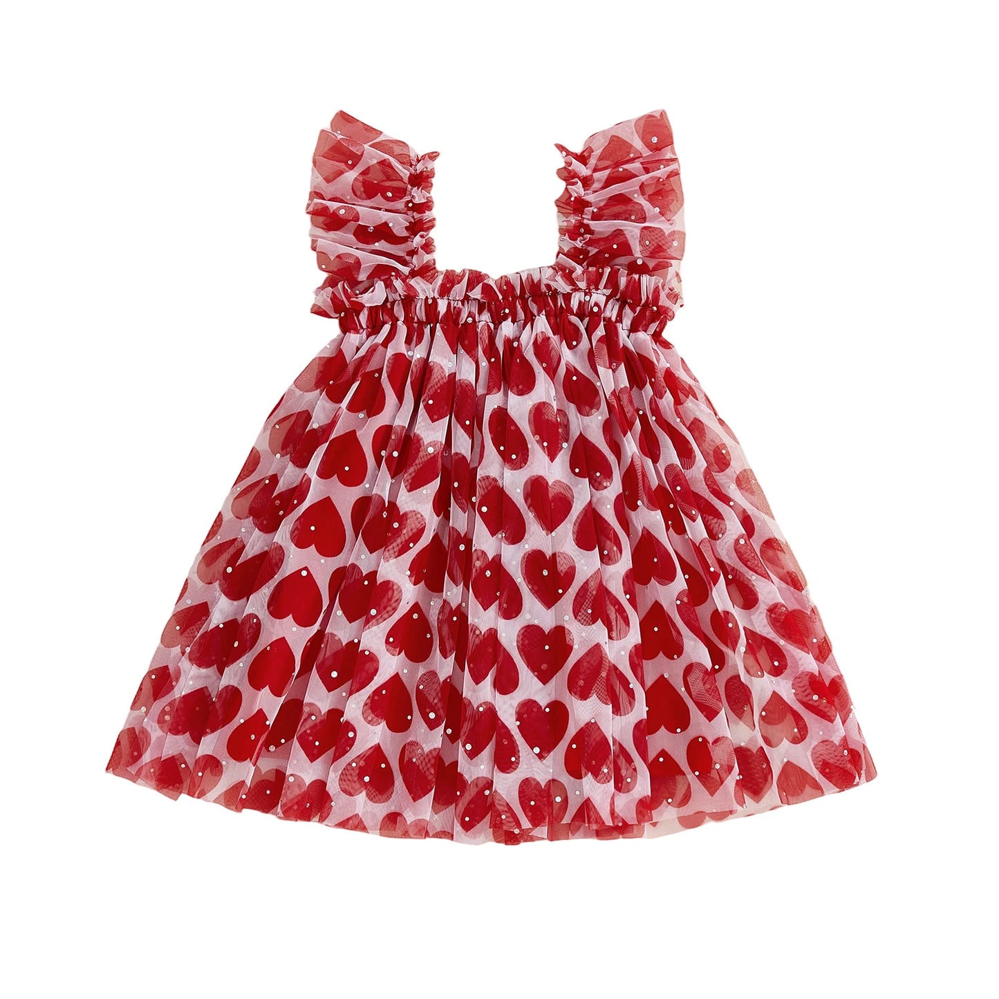 Baby Toddler Girl Sleeveless Dress with Ruffled Straps Red Heart Print Sequin Embellishments Suspender A Line Tulle Dress