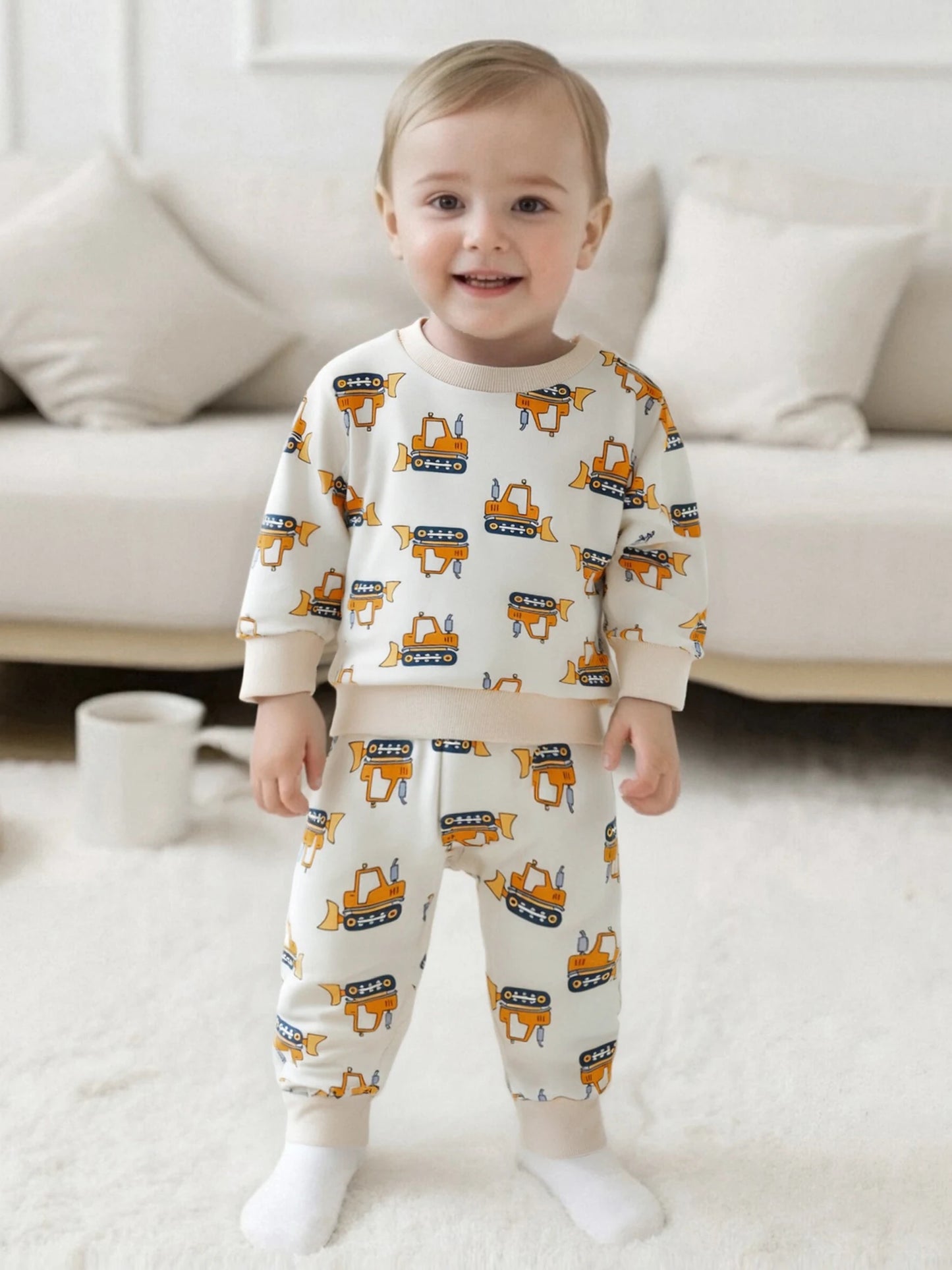 Baby Toddler Boys 2Pcs Autumn Sets Long Sleeve O Neck Excavator Print Top Drawstring Pants Jogger Set