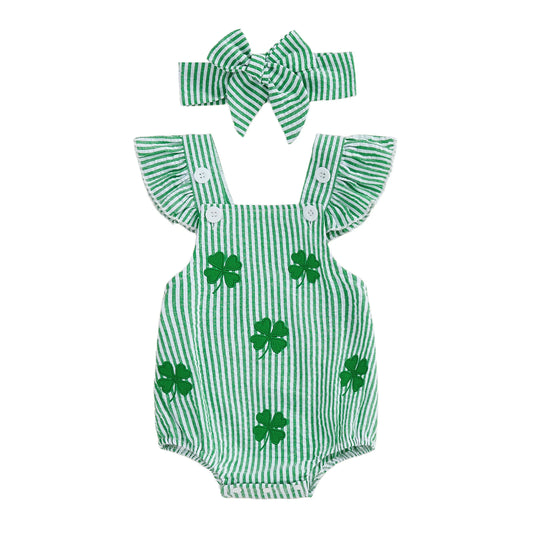 Baby Girl 2Pcs Outfit Shamrock Embroidery Flying Sleeve Square Neck Bubble Romper and Headband St. Patrick's Day Set