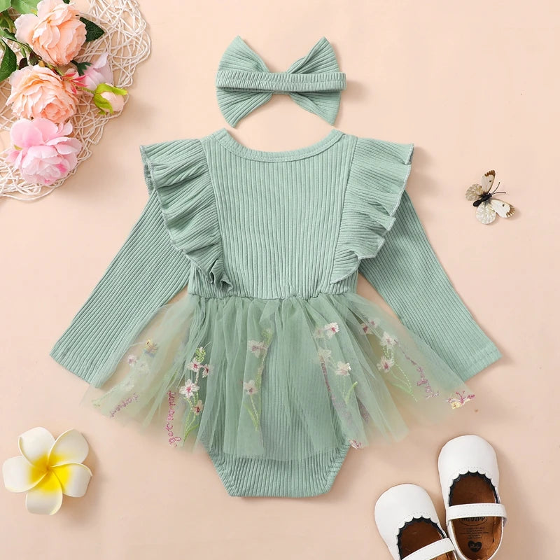 Baby Toddler Girls 2Pcs Outfit Floral Mesh Ruffles Long Sleeve Romper Dress Skirt Tutu and Headband Set