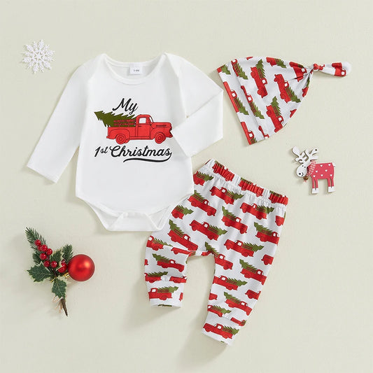 Baby Girls Boys 3Pcs My First 1st Christmas Outfit Long Sleeve Truck Tree Print Romper + Pants + Hat Set