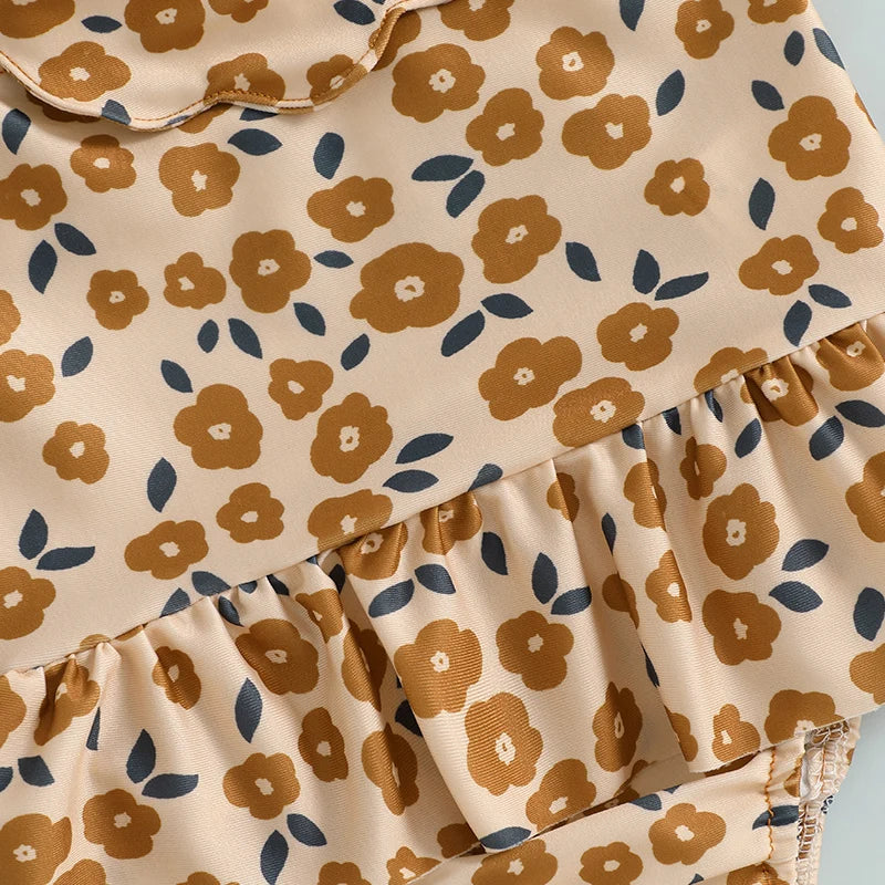 Baby Girls Halter Neck Swimwear Floral Cherry Print Romper Dress Bathing Suit Ruffled Beachwear