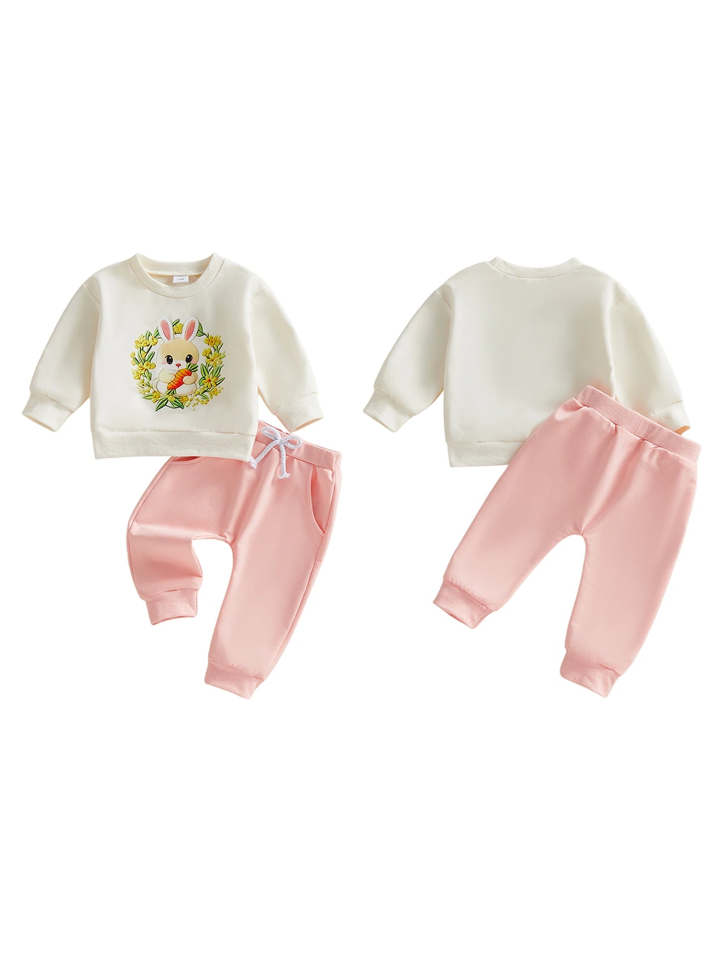 Baby Toddler Girls 2Pcs Easter Outfit Rabbit Flower Embroidery Long Sleeve Crew Neck Top and Elastic Waist Pants Jogger Set