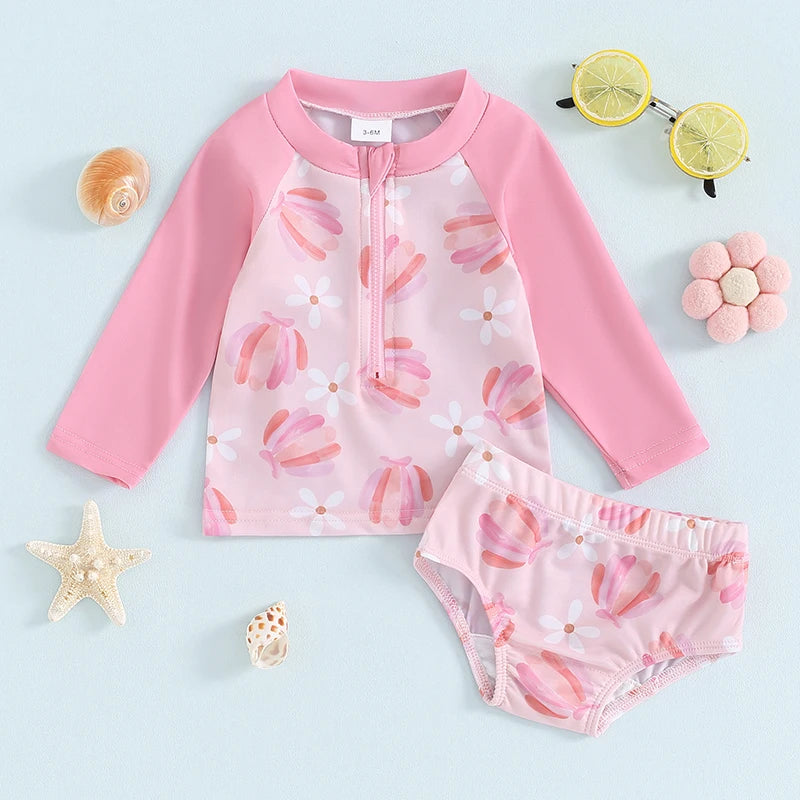 Baby Toddler Girls 2Pcs Two Piece Swimsuits Long Sleeve Seashell/Bird Flamingo Print Bathing Suit Summer Swimwear