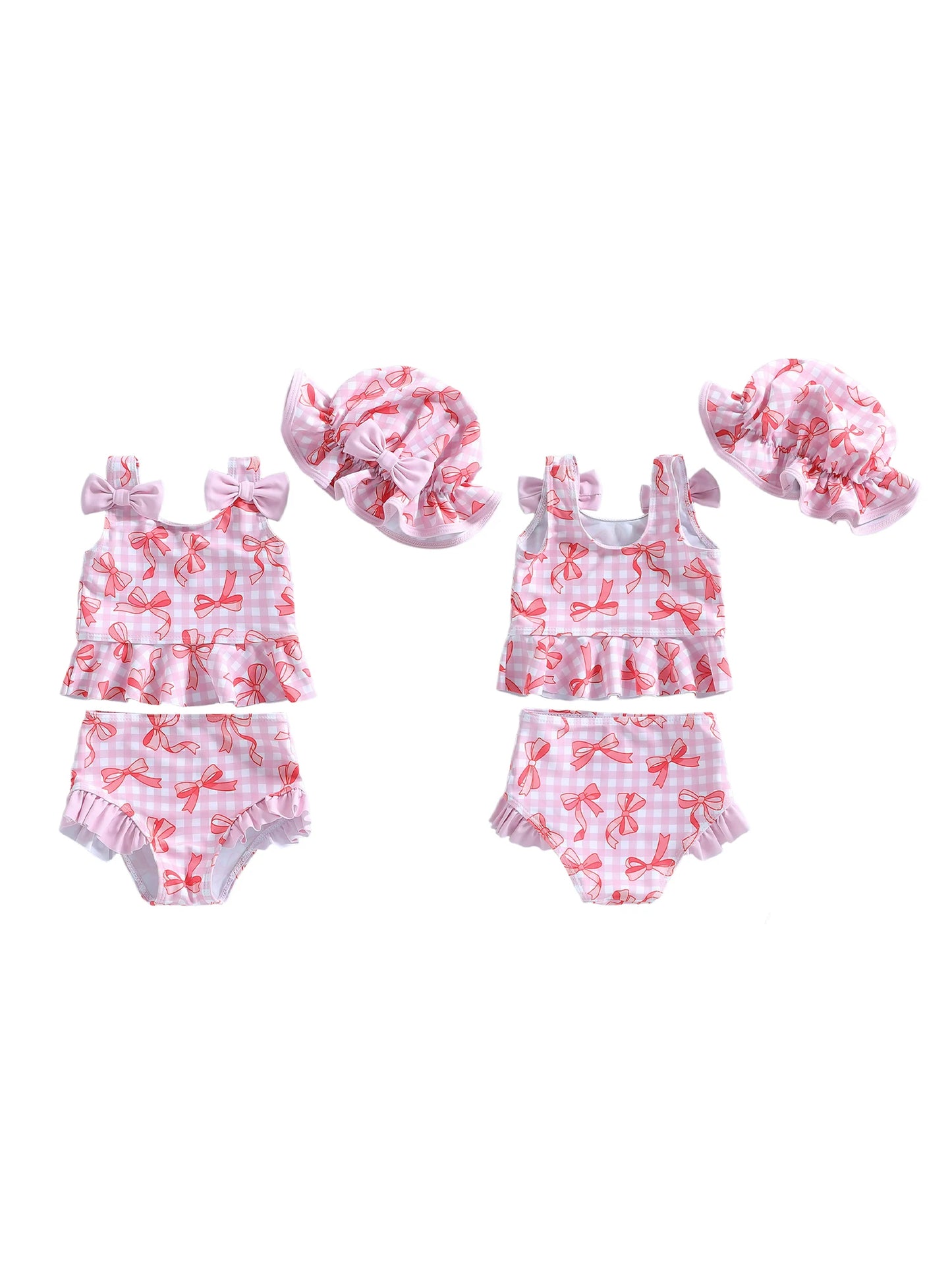 Baby toddler Girls 3Pcs Swimsuit Bow Plaid Print Sleeveless Tank Top with Bloomers and Swimming Hat Set