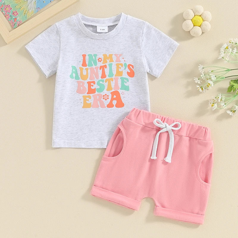 Baby Toddler Girls 2Pcs In My Auntie's Bestie Era Short Sleeve Letters Flowers Print Top Drawstring Shorts Set Outfit