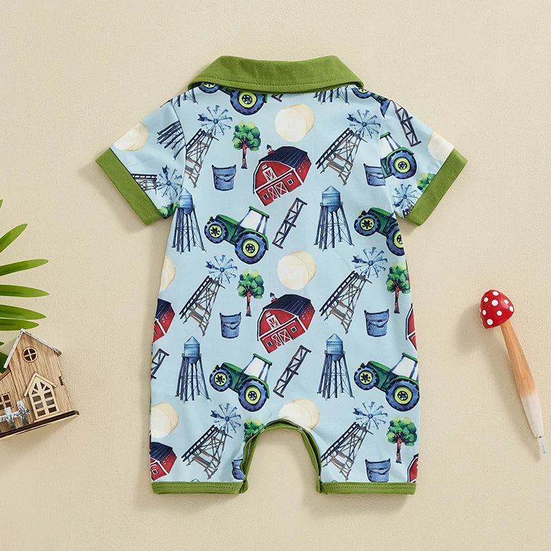 Baby Boys Summer Button Collar Romper Short Sleeve Lapel Western Cowboy Horse Tractor Farm Cactus Cow Print Jumpsuit