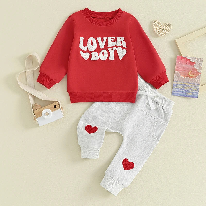 Toddler Baby Boy 2Pcs Valentine's Day Outfits Lover Boy Letter Embroidery Long Sleeve Top and Elastic Pant Clothes Set