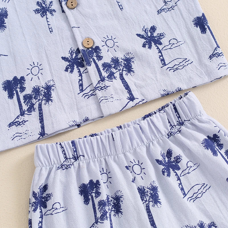 Baby Toddler Boy 2Pcs Summer Outfit Animal Palm Tree Print Lapel Neck Short Sleeve Button Down Shirt Elastic Waist Shorts Set