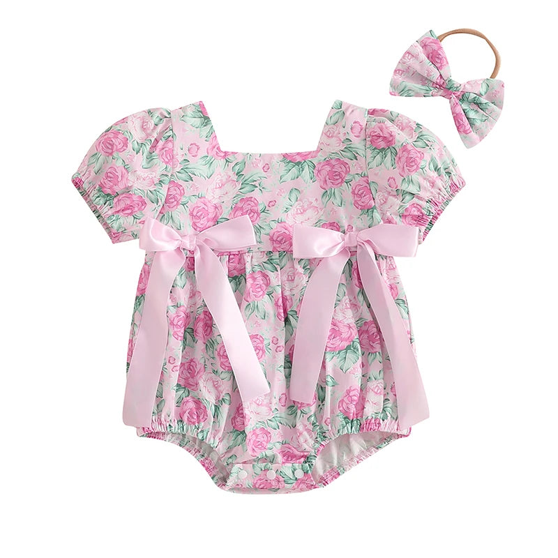 Baby Girls 2Pcs Romper Floral Print Short Sleeve Bodysuit Jumpsuit with Bow Headband Set