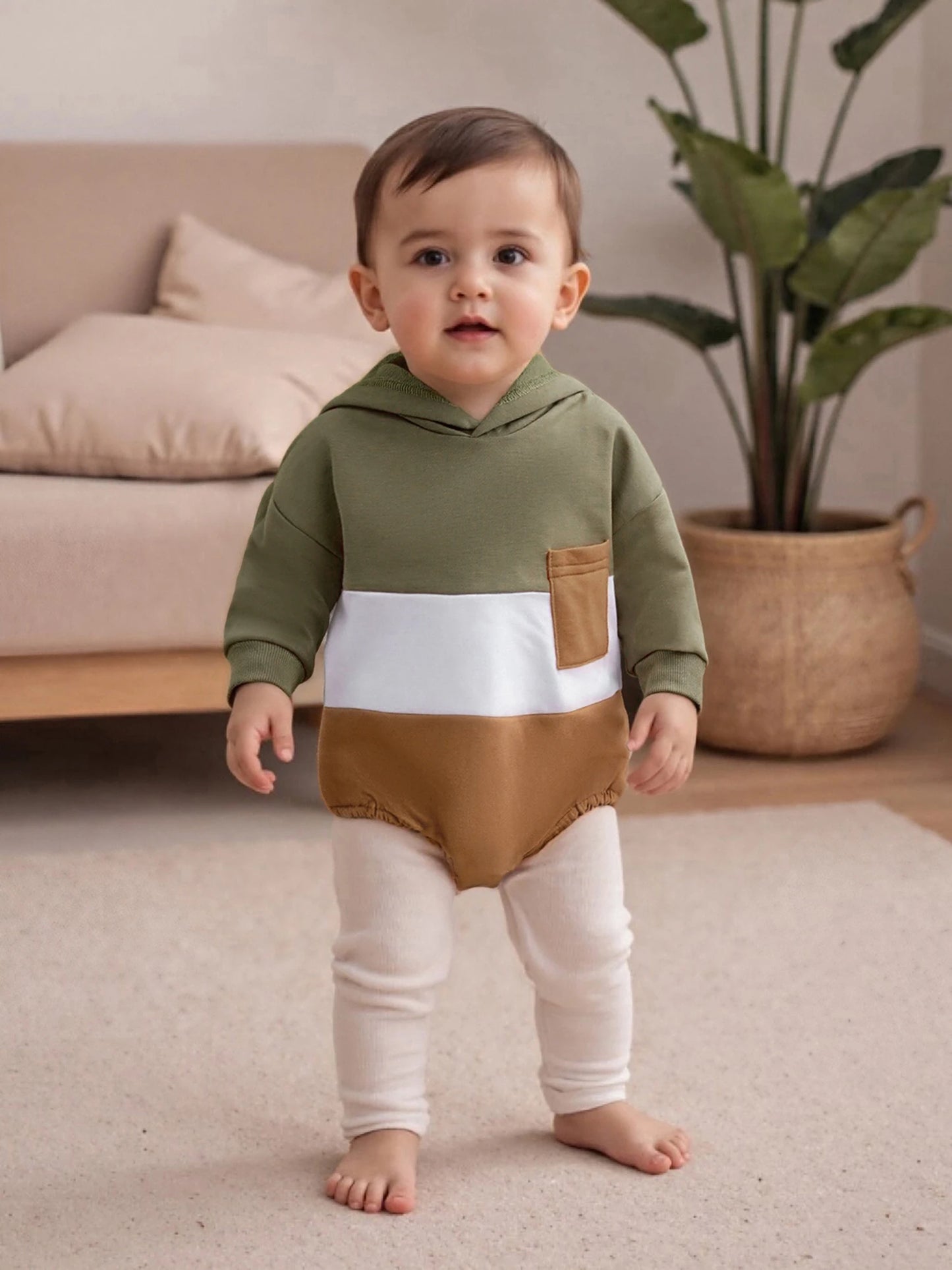 Baby Toddler Boy Autumn Hooded Romper Contrast Color Patchwork Long Sleeve Jumpsuit Cute Infant Bodysuit