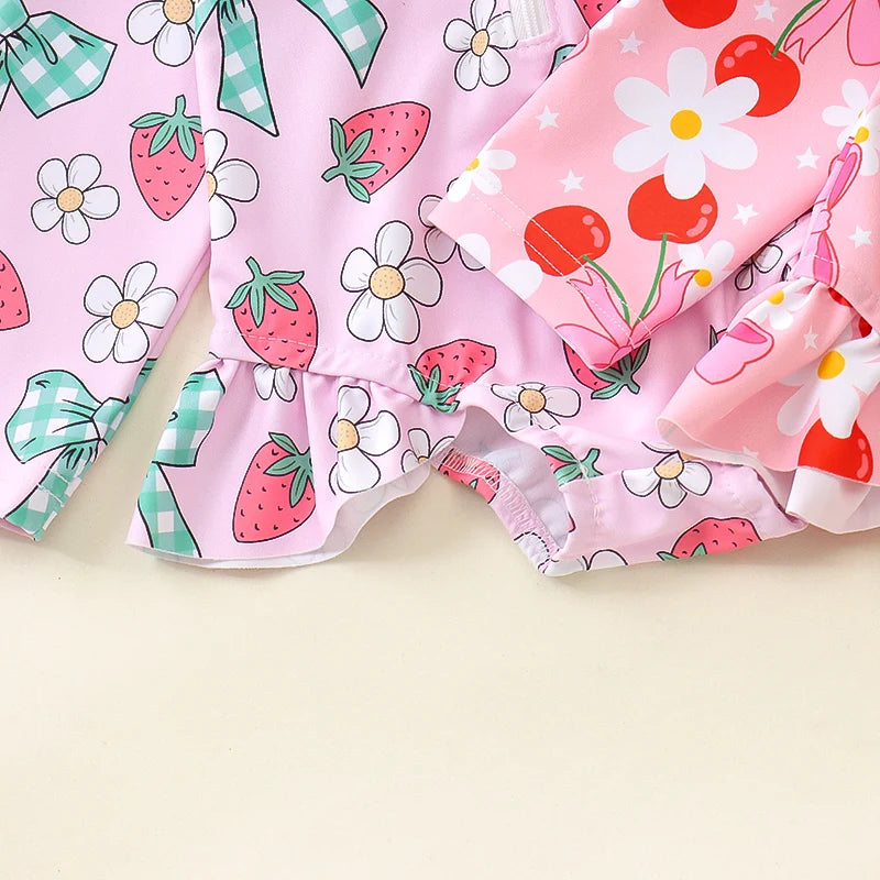 Baby Toddler Girls 2Pcs Rash Guard Swimsuit with Hat Bow Floral Print Zip Up Long Sleeve Crew Neck Swimwear Bathing Suit Set