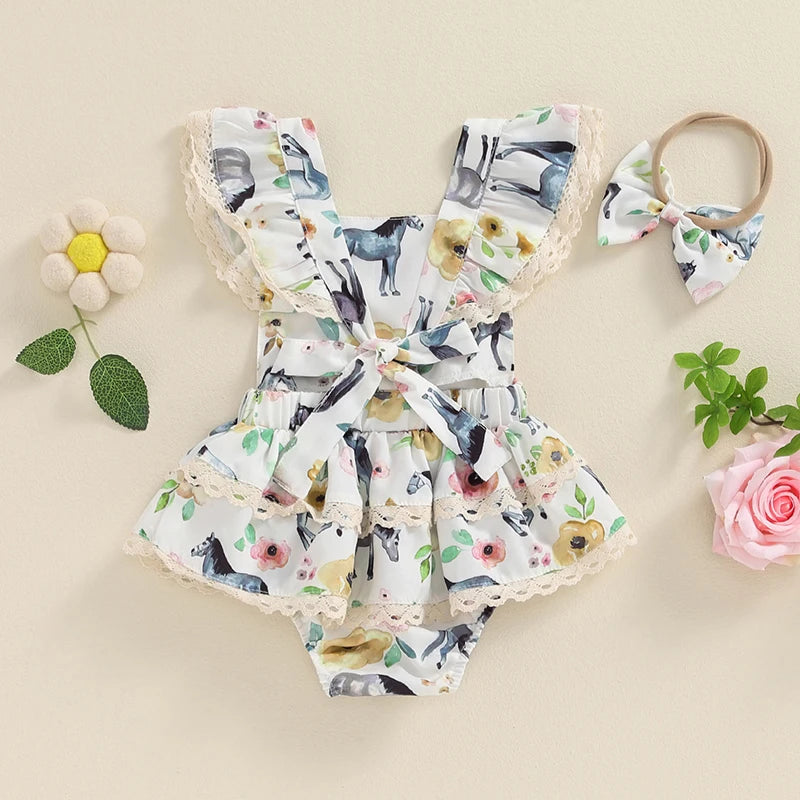 Baby Girl 2Pcs Summer Jumpsuit Farm Cow Horse Sunflower Flower Print Lace Trim Romper and Headband Bow Set