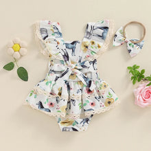 Load image into Gallery viewer, Baby Girl 2Pcs Summer Jumpsuit Farm Cow Horse Sunflower Flower Print Lace Trim Romper and Headband Bow Set
