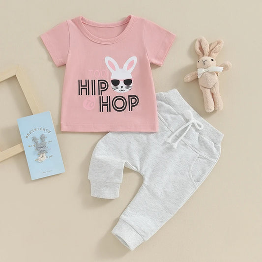 Baby Toddler Girl 2Pcs Easter Outfits Hip Hip Letter Rabbit Sunglasses Print Short Sleeve Top and Elastic Waist Long Pants Clothes Set