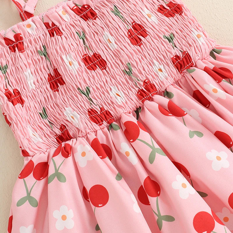 Baby Girl 2Pcs Summer Outfit Sleeveless Tie Strap Cherry Print Romper Skirt Dress with Headband Set