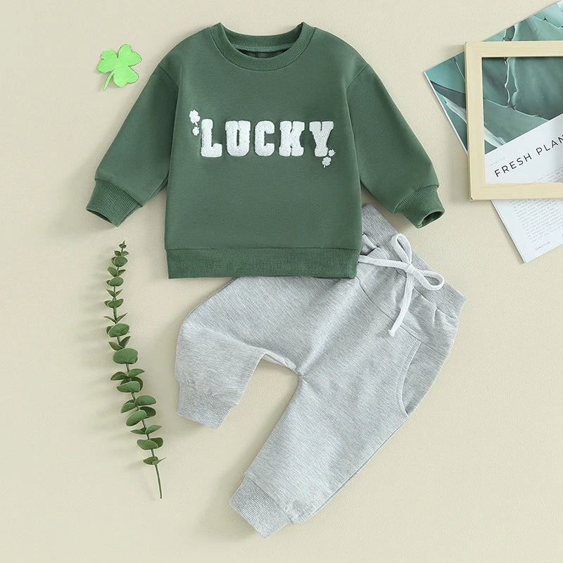 Baby Toddler Boys Girls 2Pcs Irish St. Patrick's Day Outfit Sets Long Sleeve Letter Lucky Leaf Clover Embroidery Top + Drawstring Pants