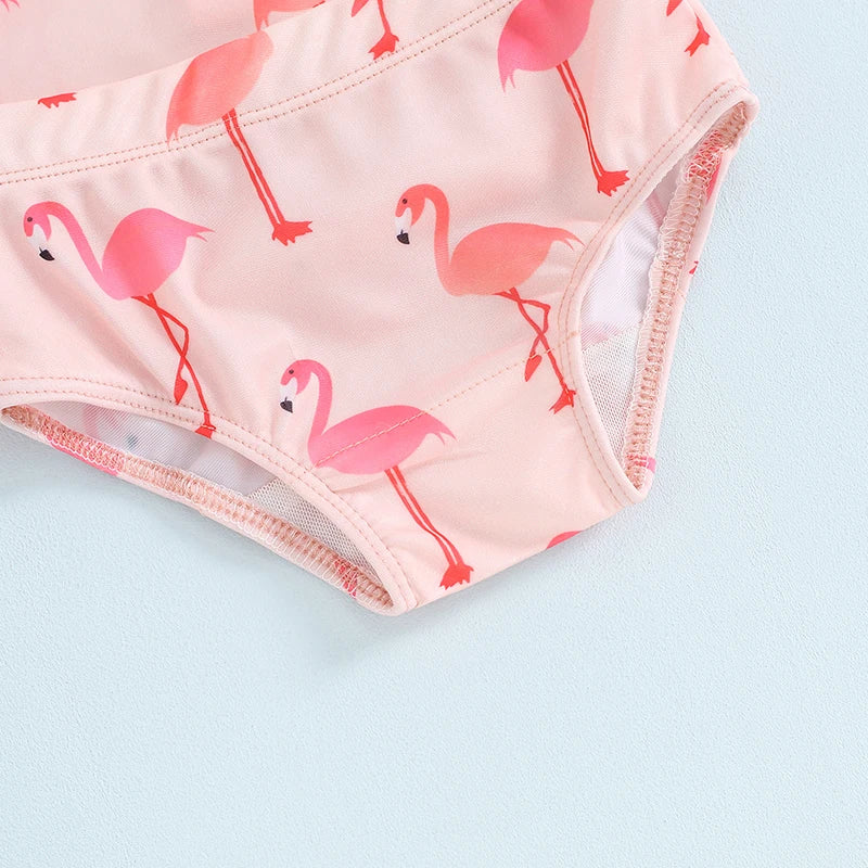 Baby Toddler Girls 2Pcs Two Piece Swimsuits Long Sleeve Seashell/Bird Flamingo Print Bathing Suit Summer Swimwear