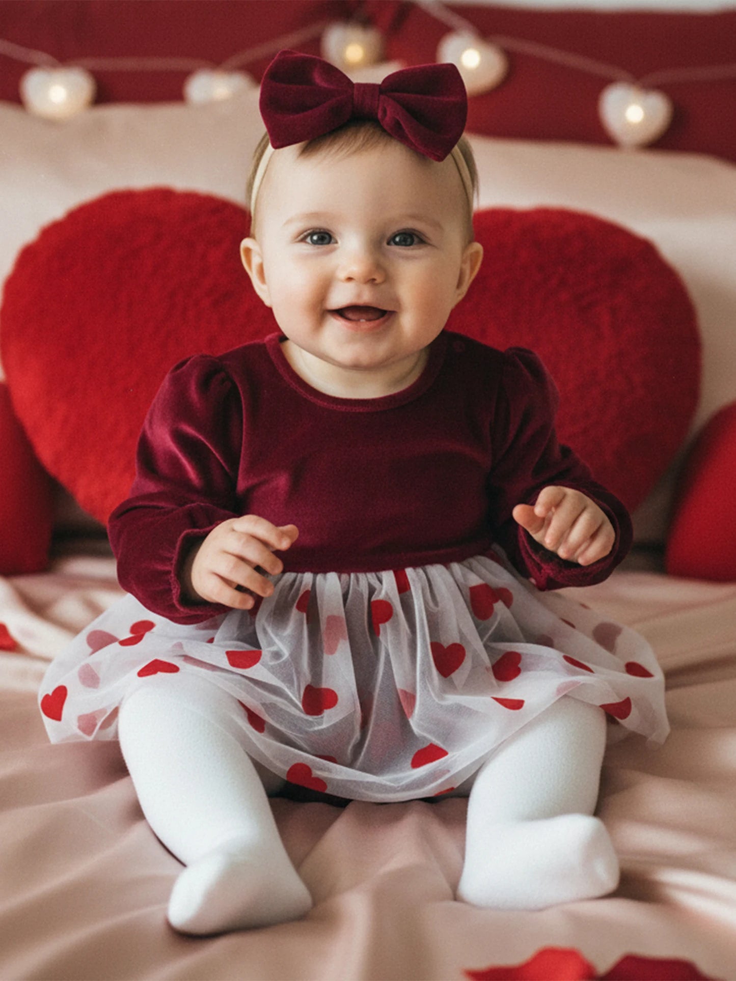 Baby Girls 2Pcs Valentine's Day Romper Dress Long Sleeve Heart Print Tulle Skirt Jumpsuits Headband Bow Set