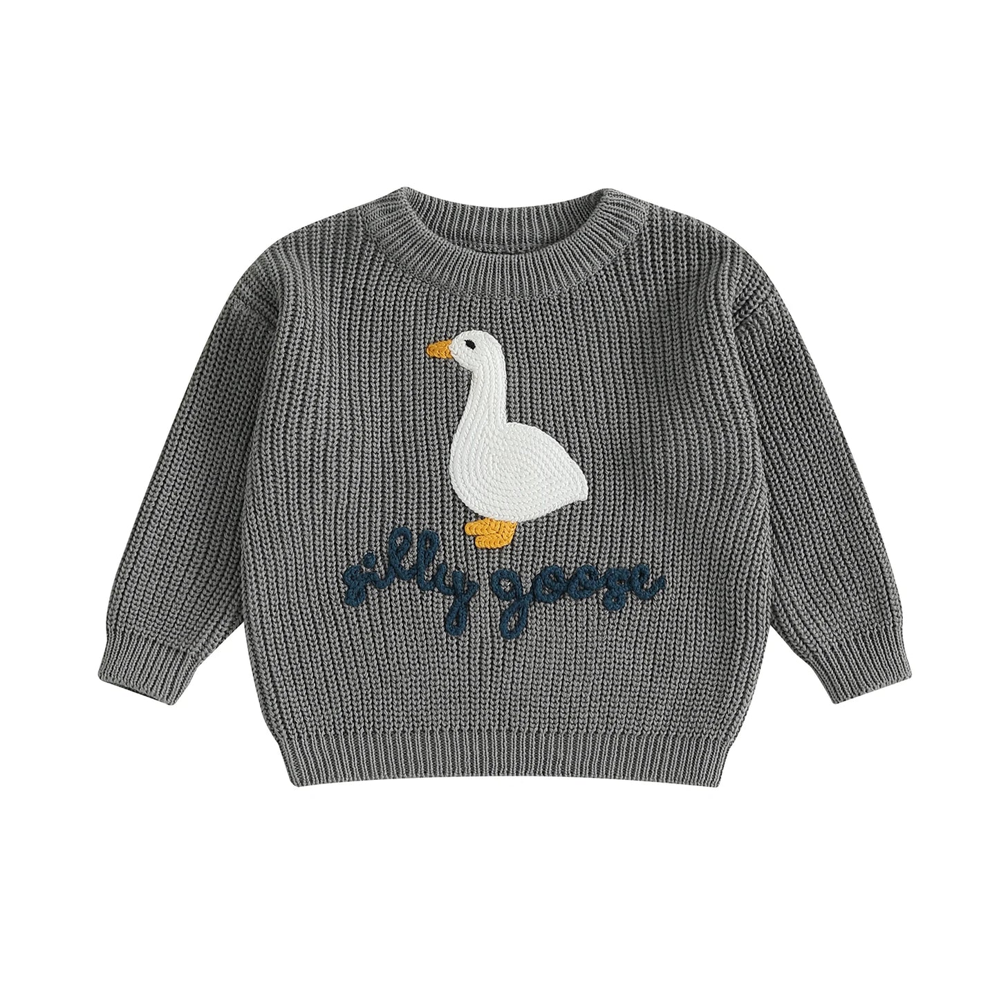 Baby Toddler Boys Girls Silly Goose Sweater Animal Letter Embroidered Crewneck Long Sleeve Pullover Knit Top