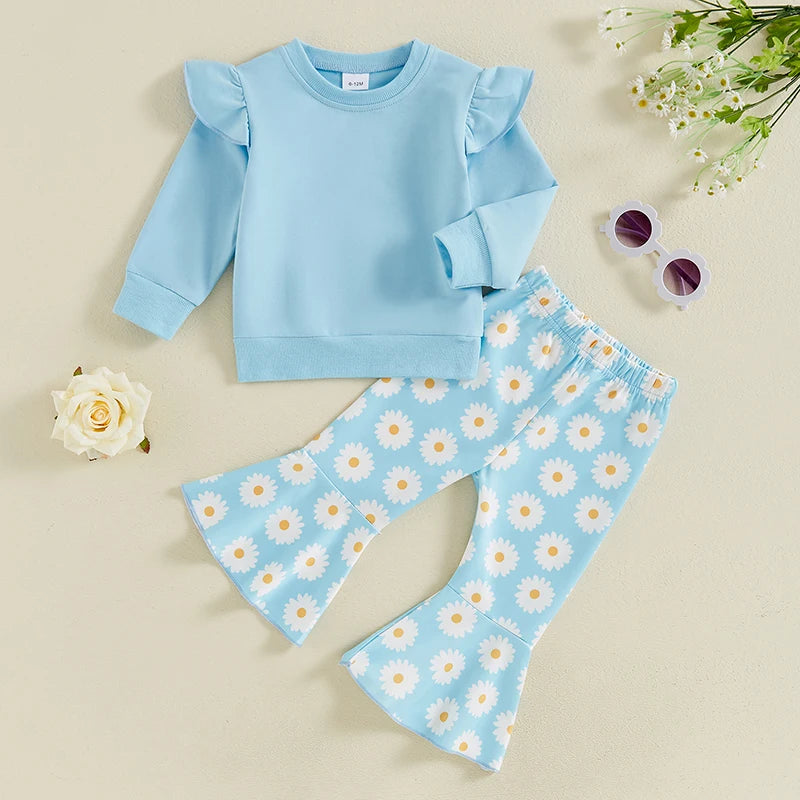 Toddler Kids Girls 2Pcs Fall Outfit Flying Sleeve Solid Color Pullover Top with Flower Floral Flared Pants Set