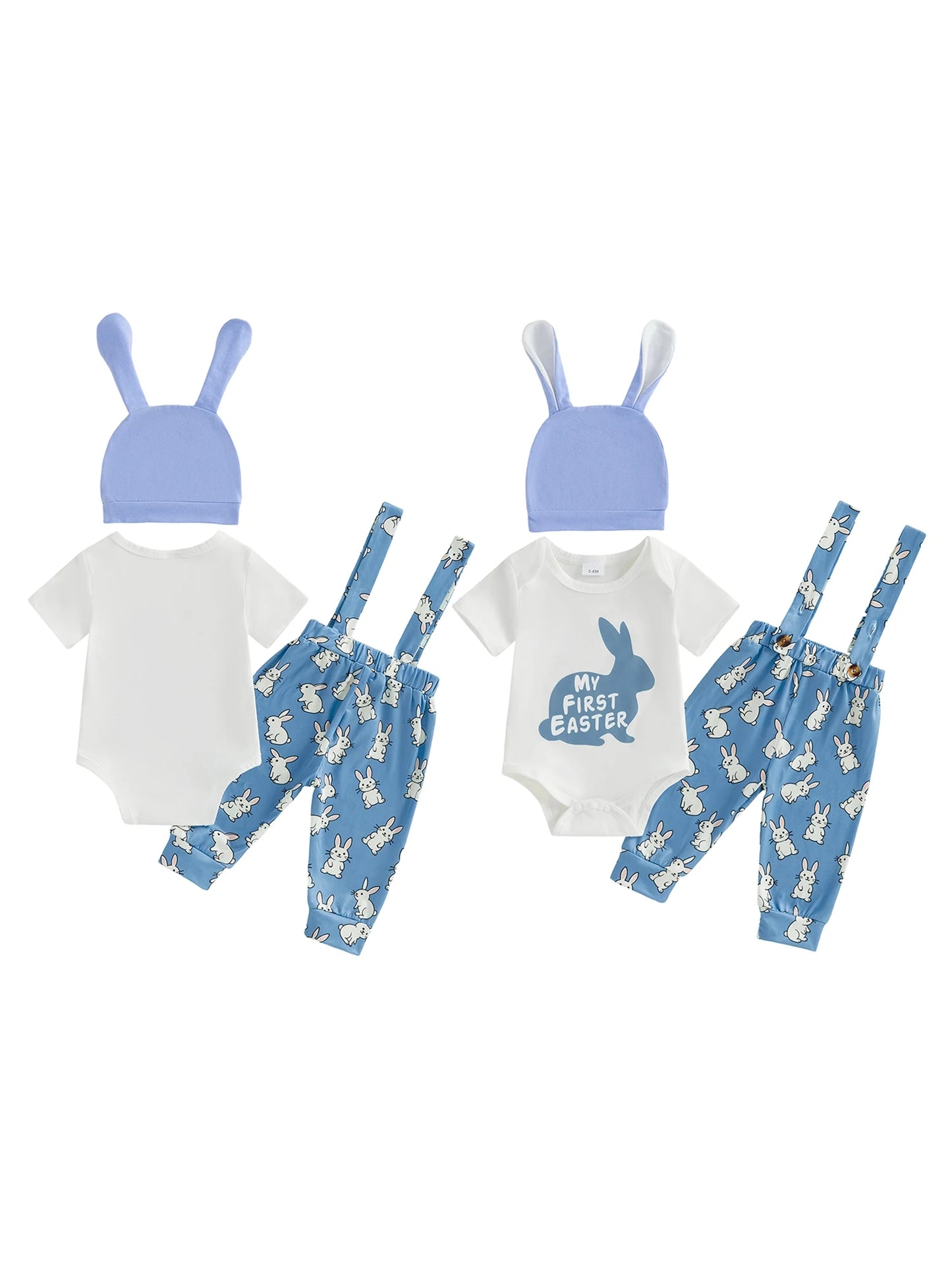 Baby Boy Girls 3Pcs Easter Outfits Cute Short Sleeve Round Neck Rabbit Letter My First Easter Print Jumpsuit Overalls and Hat Set