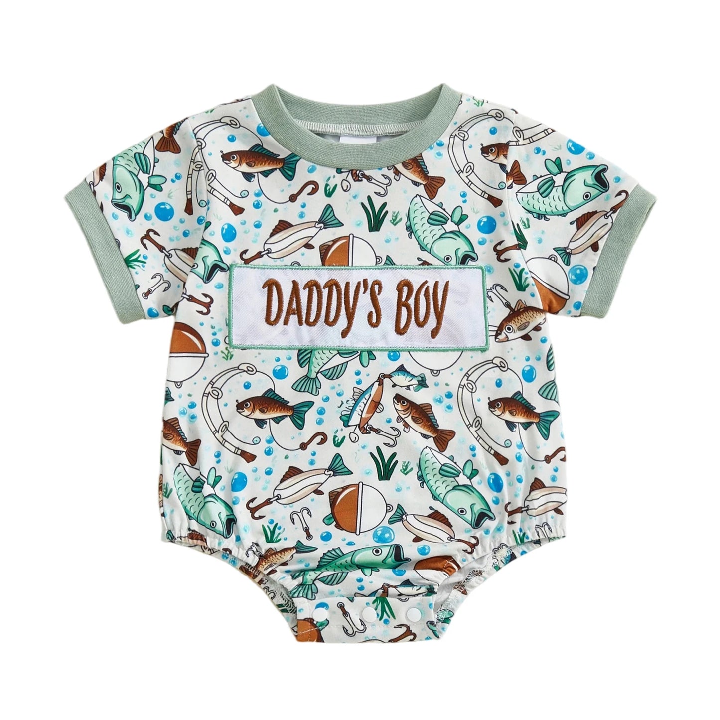 Baby Boy Daddy's Buddy / Boy Romper Adorable Fish Print Letter Embroidery Short Sleeve Round Neck Jumpsuit