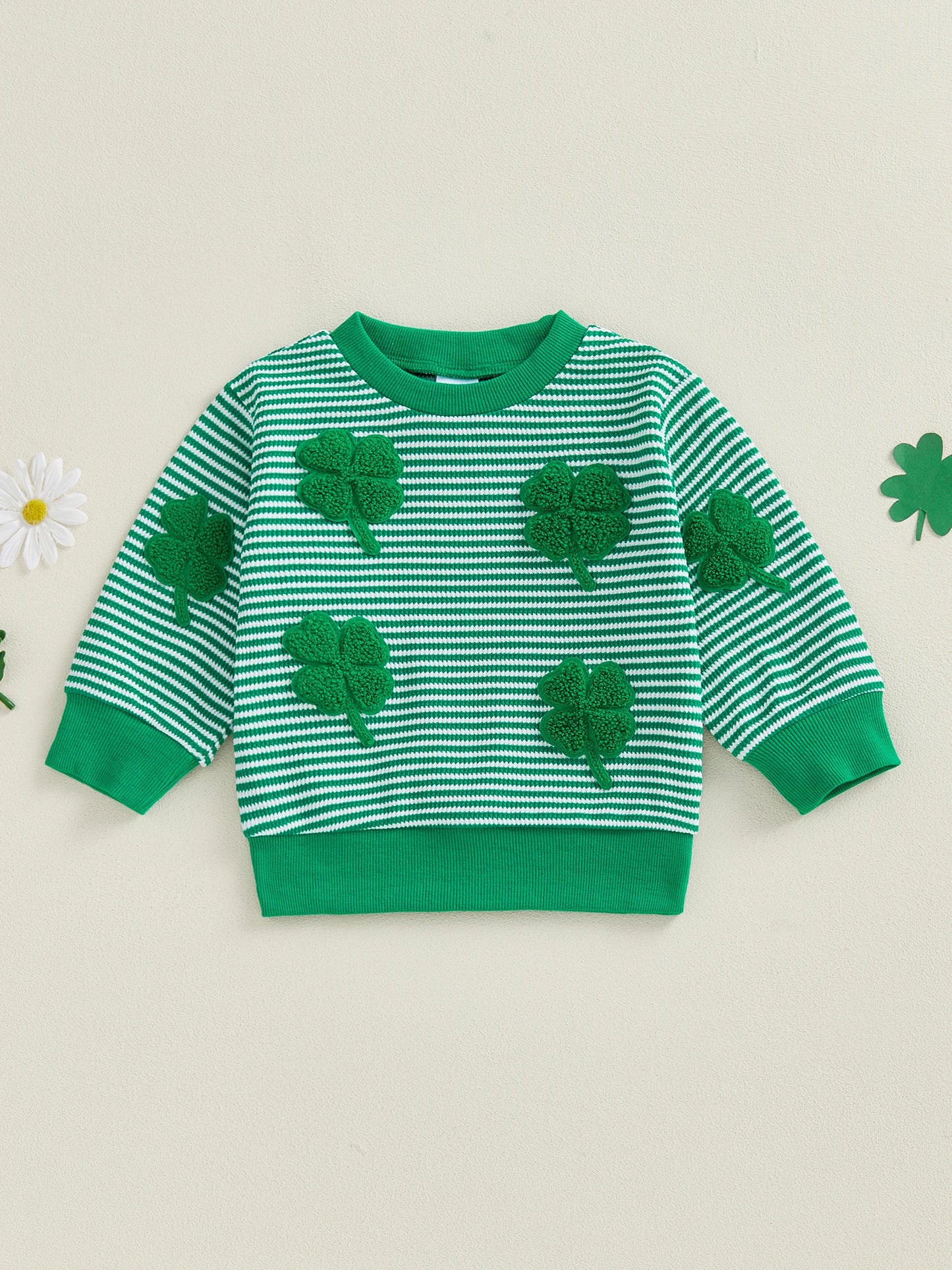 Baby Toddler Boy Girl Shamrock Embroidery Striped Pullover Crew Neck Long Sleeve Spring Top for St. Patrick's Day