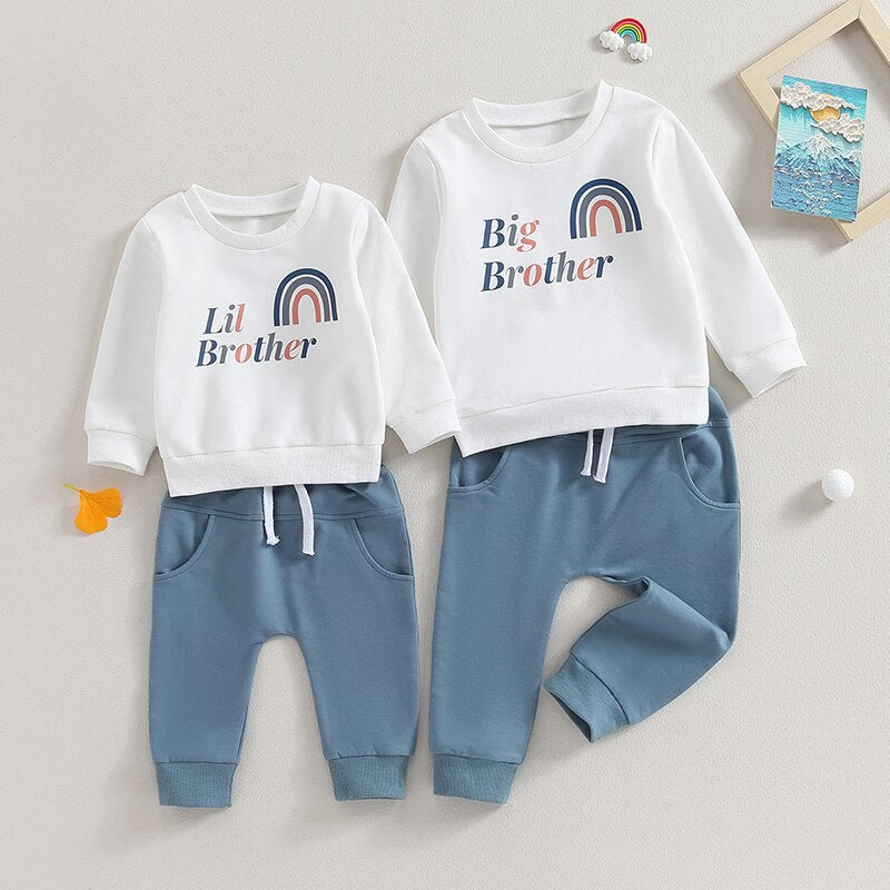 Baby Toddler Boys 2Pcs Long Sleeve Letter Print Lil Big Brother Rainbow Crew Neck Pullover Top +Jogger Pants Clothes Sibling Matching Set