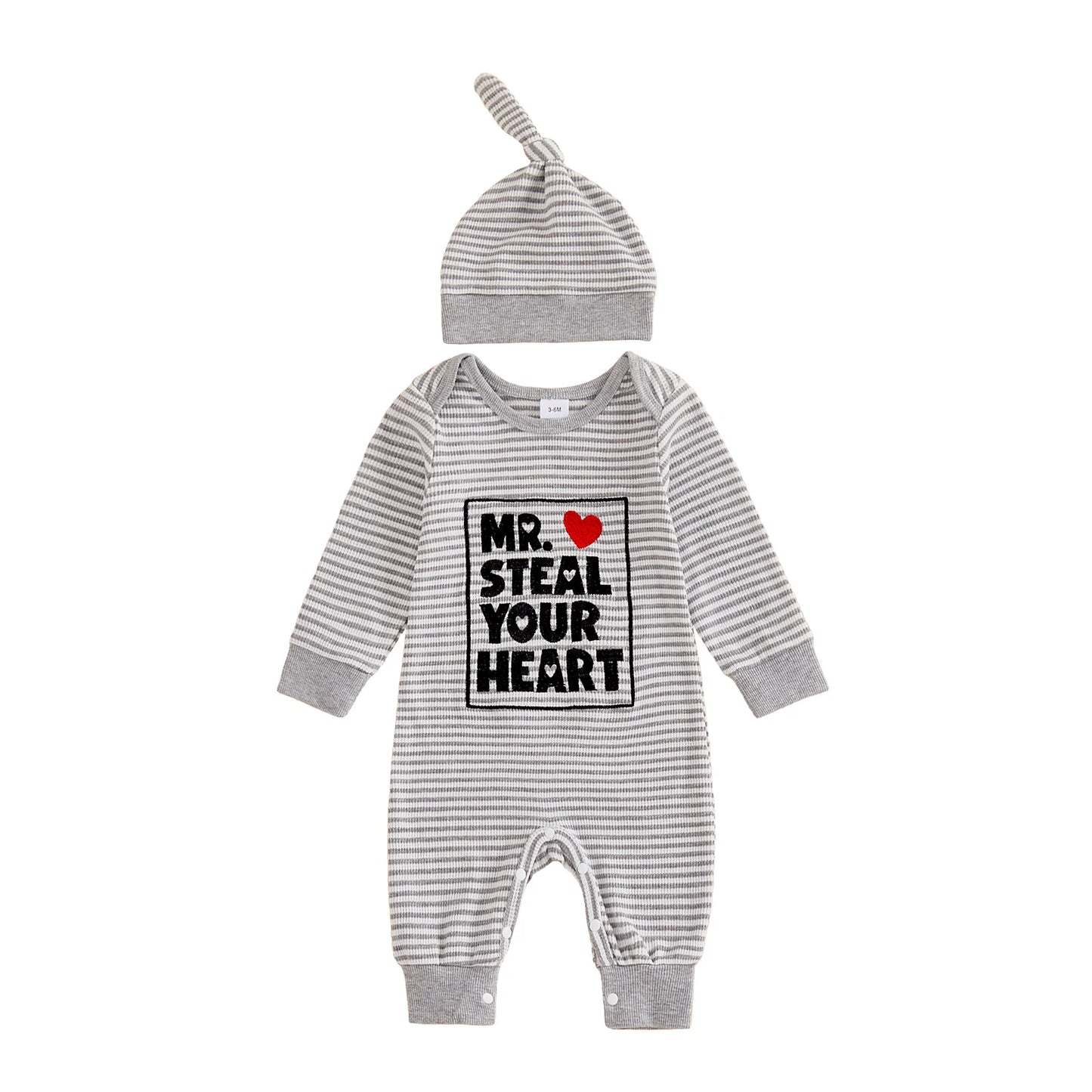 Baby Boys 2Pcs Valentine's Day Mr. Steal Your Heart / Mommy Is My Valentine Jumpsuit Set Long Sleeve Crew Neck Stripes Letters Romper with Hat Outfit