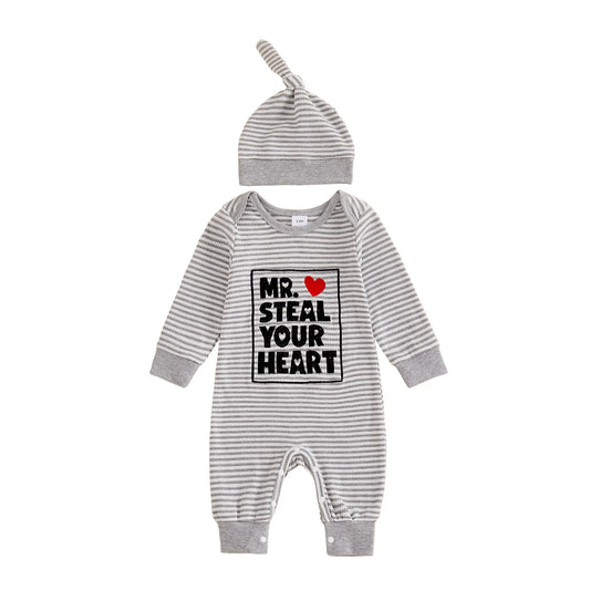 Baby Boys 2Pcs Valentine's Day Mr. Steal Your Heart / Mommy Is My Valentine Jumpsuit Set Long Sleeve Crew Neck Stripes Letters Romper with Hat Outfit