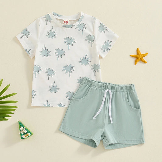 Baby Toddler Boys 2Pcs Summer Outfit Short Sleeve Palm Tree Print Top and Drawstring Shorts Set