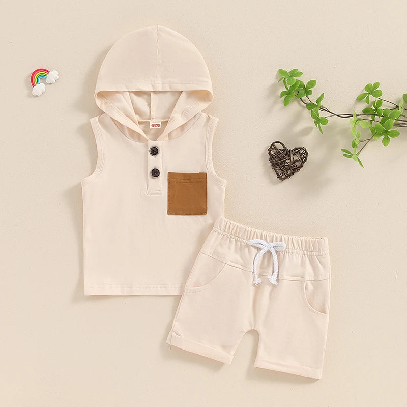 Baby Toddler Boys 2Pcs Summer Outfit Sleeveless Hooded Tank Top with Pocket Elastic Waist Shorts Set