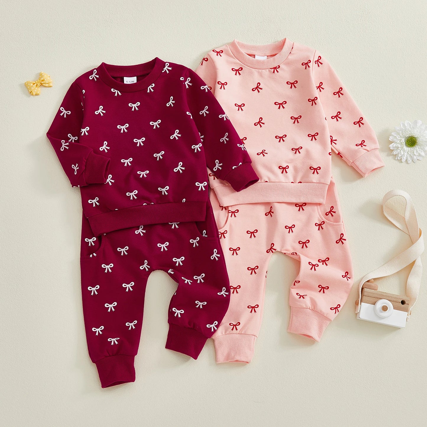 Baby Toddler Girl 2Pcs Fall Outfits Bow Print Long Sleeve Round Neck Pullover + Elastic Waist Long Pants 2Pcs Jogger Set