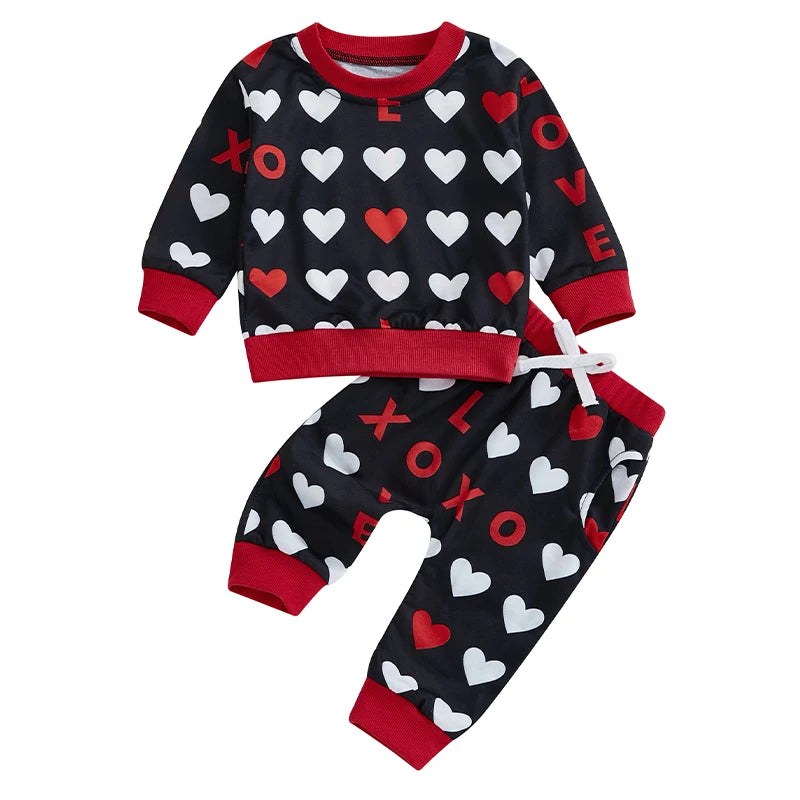 Baby Toddler Boys Girls 2Pcs Valentine's Day Outfit Heart Letter XOXO Love Long Sleeve Crewneck Top and Elastic Pants Valentines Jogger Set