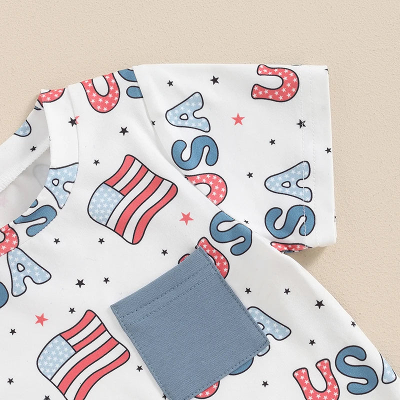 Baby Toddler Boys 2Pcs 4th of July USA Outfit Short Sleeve Letter Flag/Star Checkerboard Print Top Drawstring Shorts Set